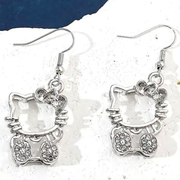 Earrings Hello Kitty Rhinestone Sanrio Crystal Dangle Emo Scene Trendy Stylish - Picture 2 of 3